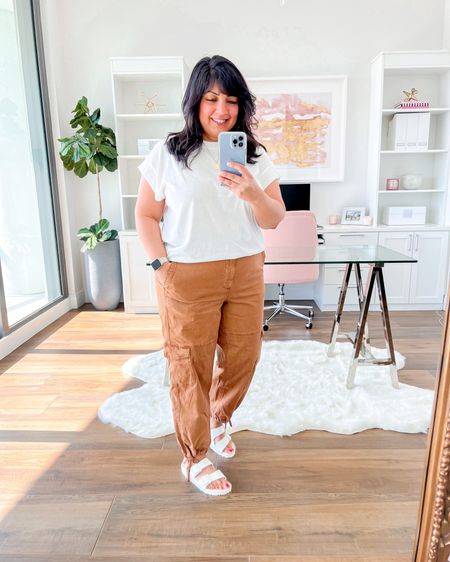 Love these Old Navy barrel leg cargo pants! On sale for under $30 right now! Wearing them here in size large. Target style white tee size large. Birkenstock Arizona EVA sandals. 

Summer outfit, travel outfit, sandals, spring outfit, vacation outfit, spring outfits, everyday outfits spring, casual everyday outfit, white tee, casual pants, cargo pants, barrel leg, Birkenstock sandals, Birkenstocks, white Birkenstocks, white sandals

#LTKTravel #LTKOver40 #LTKMidsize