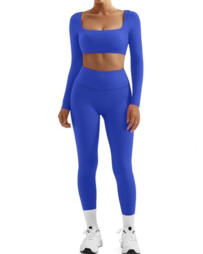 SUUKSESS Women 2 Piece Workout Sets Compression Tummy Control Leggings with Pockets Long Sleeve Square Neck Padded Crop Tops Sports Bra Scrunch Booty Lifting Yoga Pants (Blue, XS) | Amazon (US)