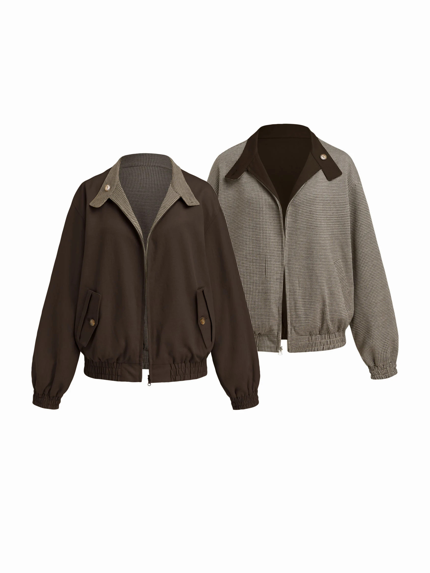 Reversible Cotton-blend Stand Collar Houndstooth Oversized Bomber Jacket | Cider