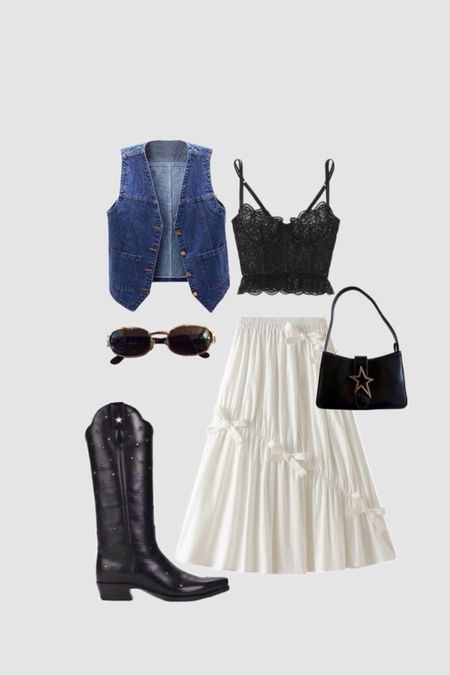 Western Country Outfit Inspo
-denim outfit 
-white maxi skirt 
-black boots 
-sunglasses 
- black corset lace top 

#LTKStyleTip #LTKSeasonal #LTKFestival