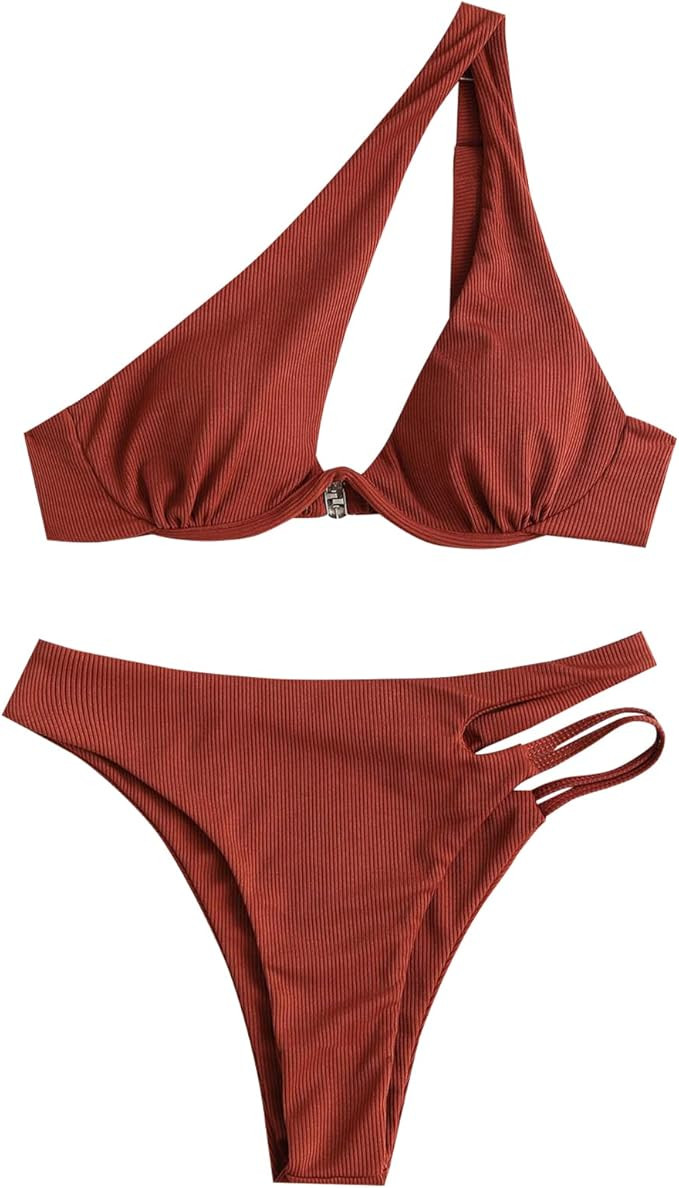 ZAFUL Women's Sexy Cutout One Shoulder Bikini Underwire Padded Bathing Suit Cheeky Thong Brazilia... | Amazon (US)
