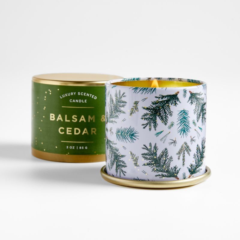 ILLUME Balsam and Cedar Scented Demi Tin Holiday Candle + Reviews | Crate & Barrel | Crate & Barrel