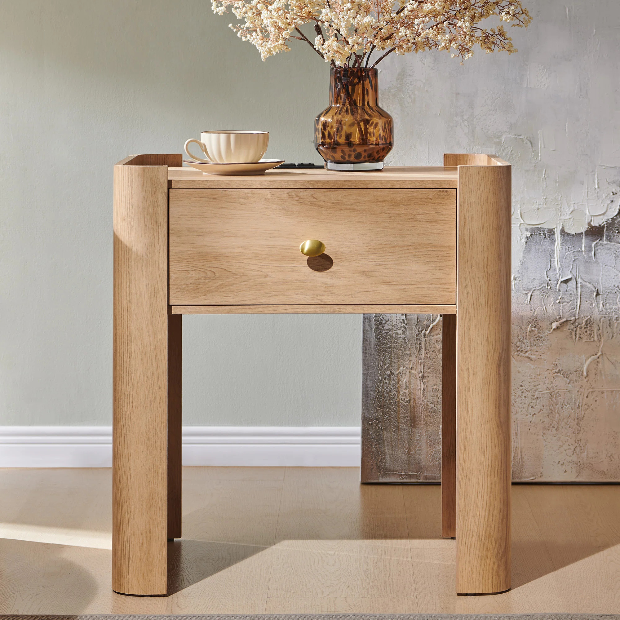 Modern Wood Nightstand with Charging Station & Storage Drawer, 23.6" Tall Curved Bedside Table | Wayfair North America