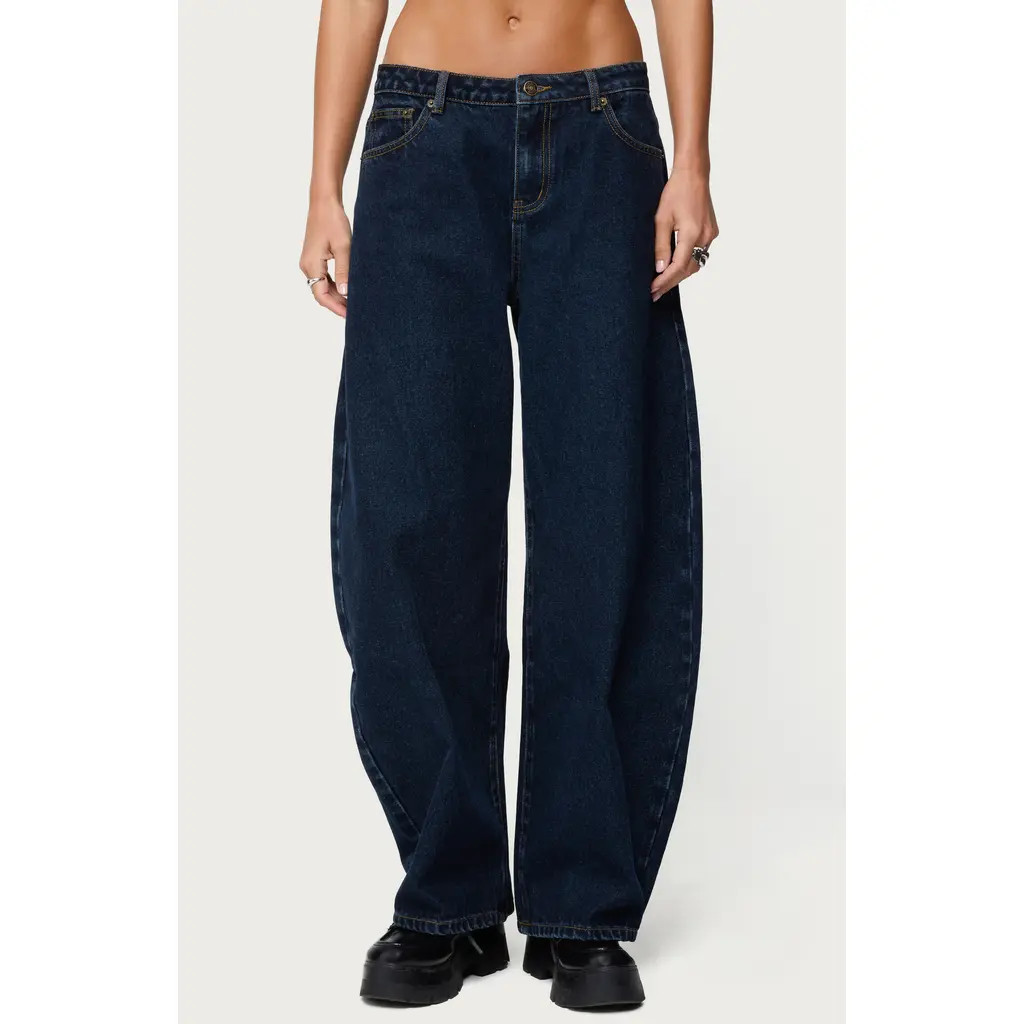 EDIKTED Jillian Low Rise Barrel Jeans in Dark-Blue at Nordstrom, Size X-Large | Nordstrom