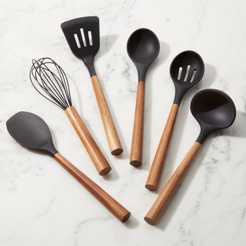 Black Silicone Slotted Spoon with Acacia Handle | Crate & Barrel