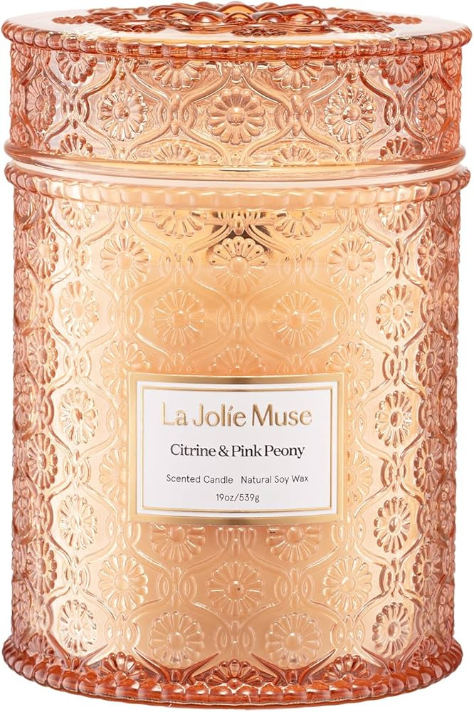 LA JOLIE MUSE Citrine & Pink Peony Scented Candle | Bergamot, Peony & Amber | 19 oz Large Wooden ... | Amazon (US)