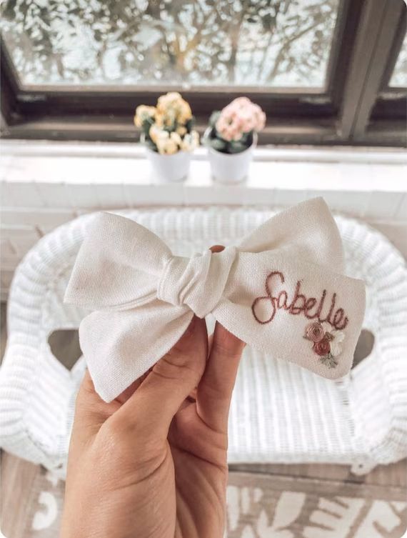 Hand Embroidered Bow | Florals | Name | Bows for Girls | Etsy (US)