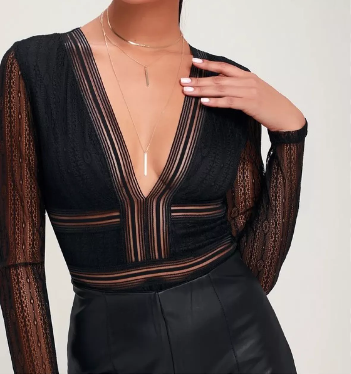 Lulus Casita Black Sheer Lace Long Sleeve Bodysuit