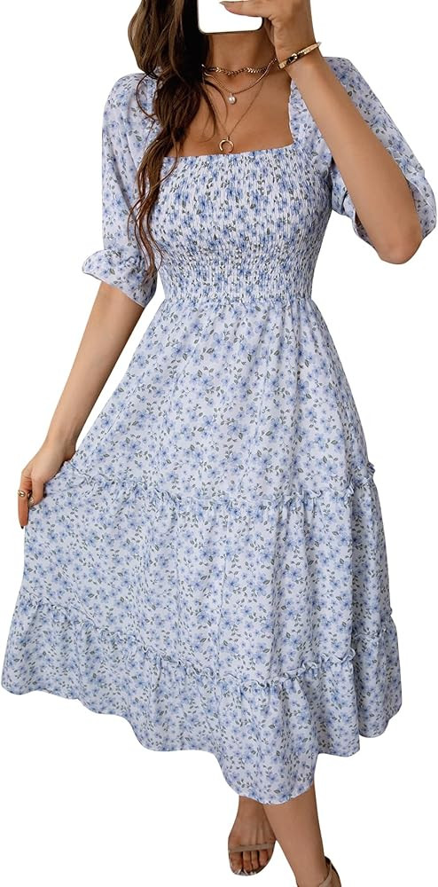 Vaiaye Women Square Neck Midi Dress Chiffon Half Sleeve Summer Floral Ruffle Vintage Elastic Bust Su | Amazon (US)