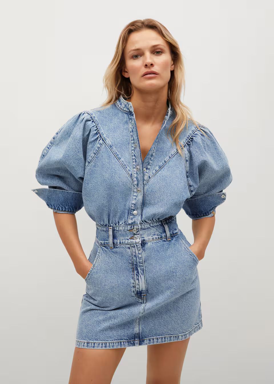 Denim dress with puffed sleeves | MANGO (US)