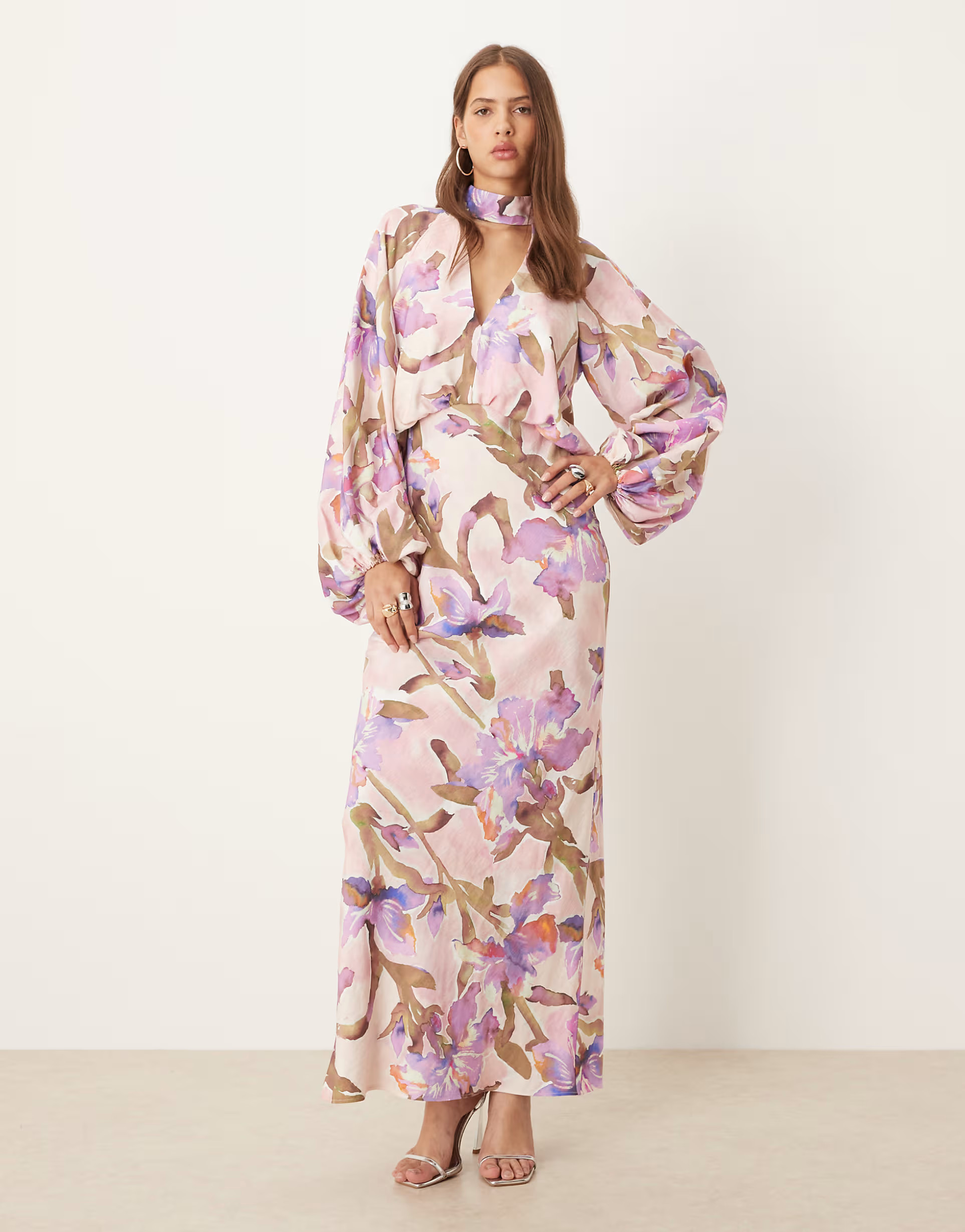 ASOS DESIGN high neck plunge maxi dress with blouson sleeves in lilac watercolor floral print | ASOS (Global)