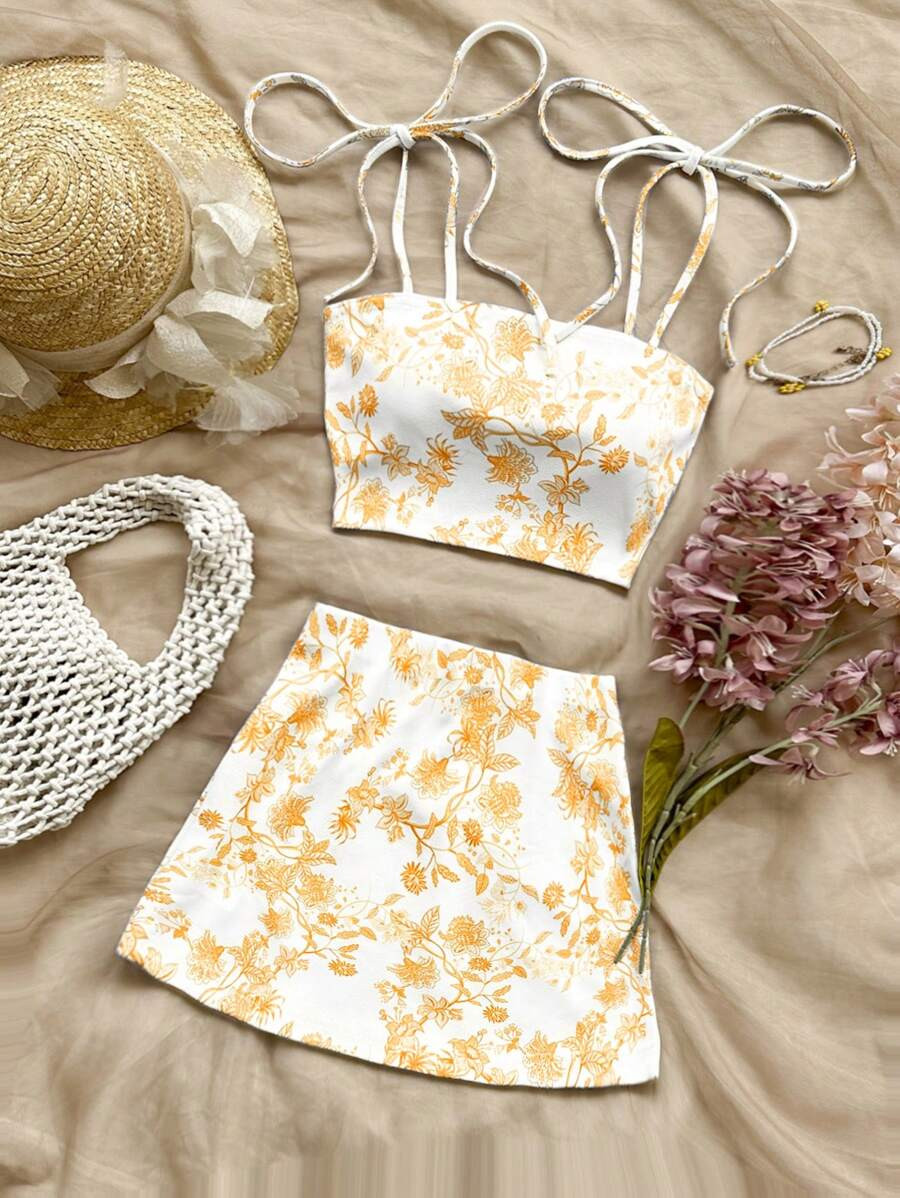 SHEIN WYWH Blue & White Floral Knit Texture Bandage Midi Skirt Romantic Casual Vacation Women's 2... | SHEIN