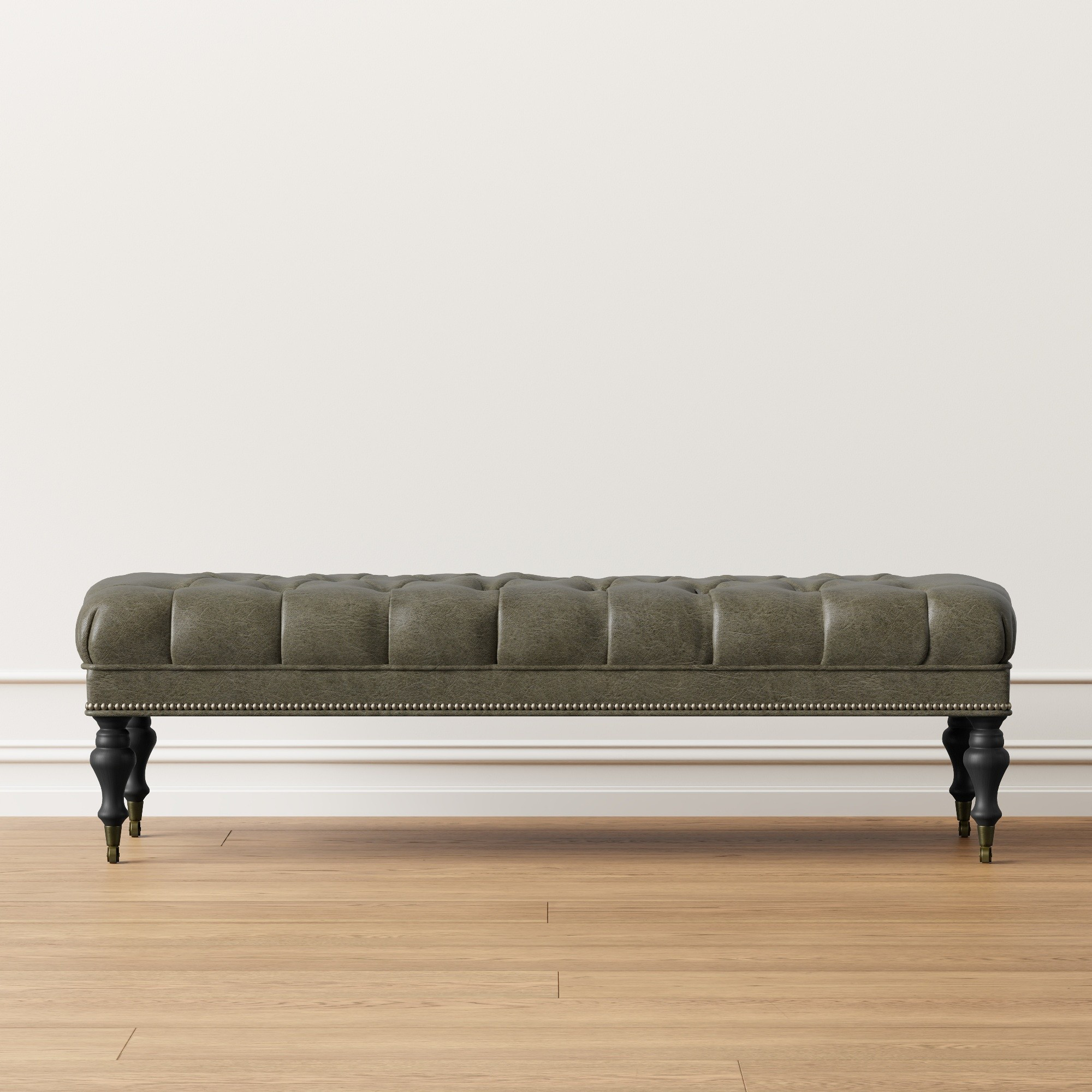 Fairfax Turned Turned Large 61In Bench Tufted, Standard, Italian Distressed Leather, Olive, Antique Brass | Williams-Sonoma
