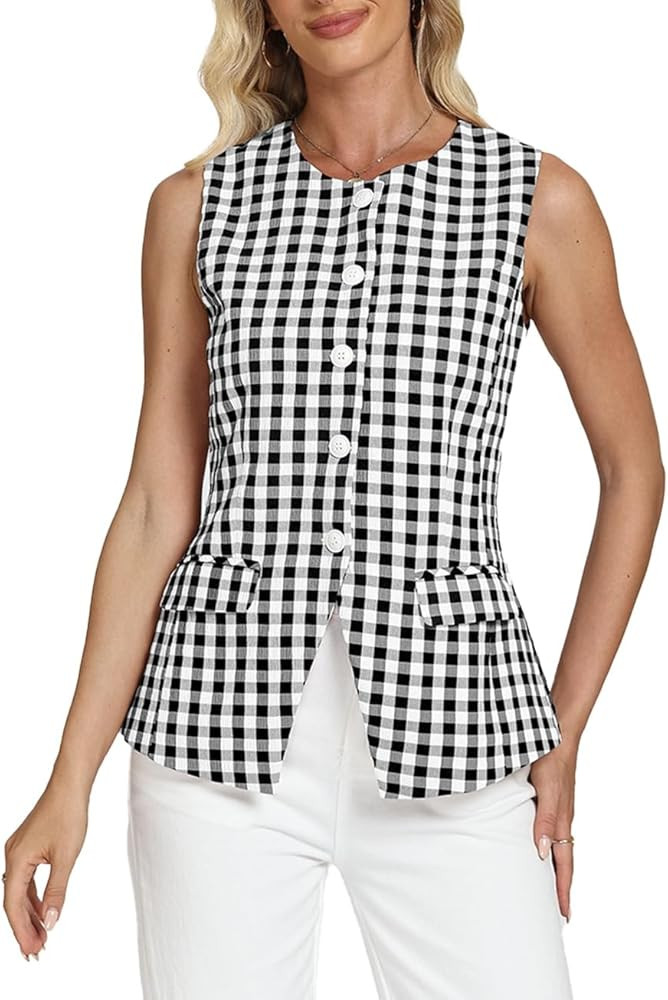 D-Sun Women's Sleeveless Blazer Vest Button Down Suit Vest Tops Gingham Trendy Round Neck Busines... | Amazon (US)