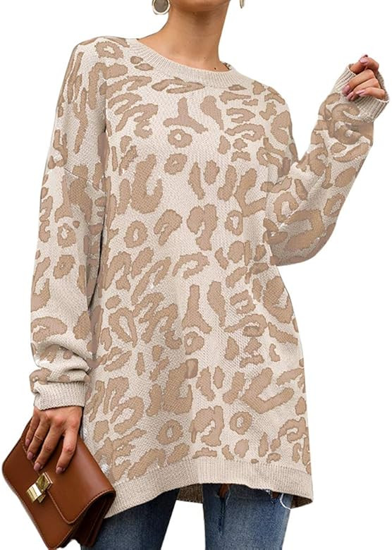 Women’s Casual Leopard Print Long Sleeve Crew Neck Knitted Oversized Pullover Sweaters Tops | Amazon (US)
