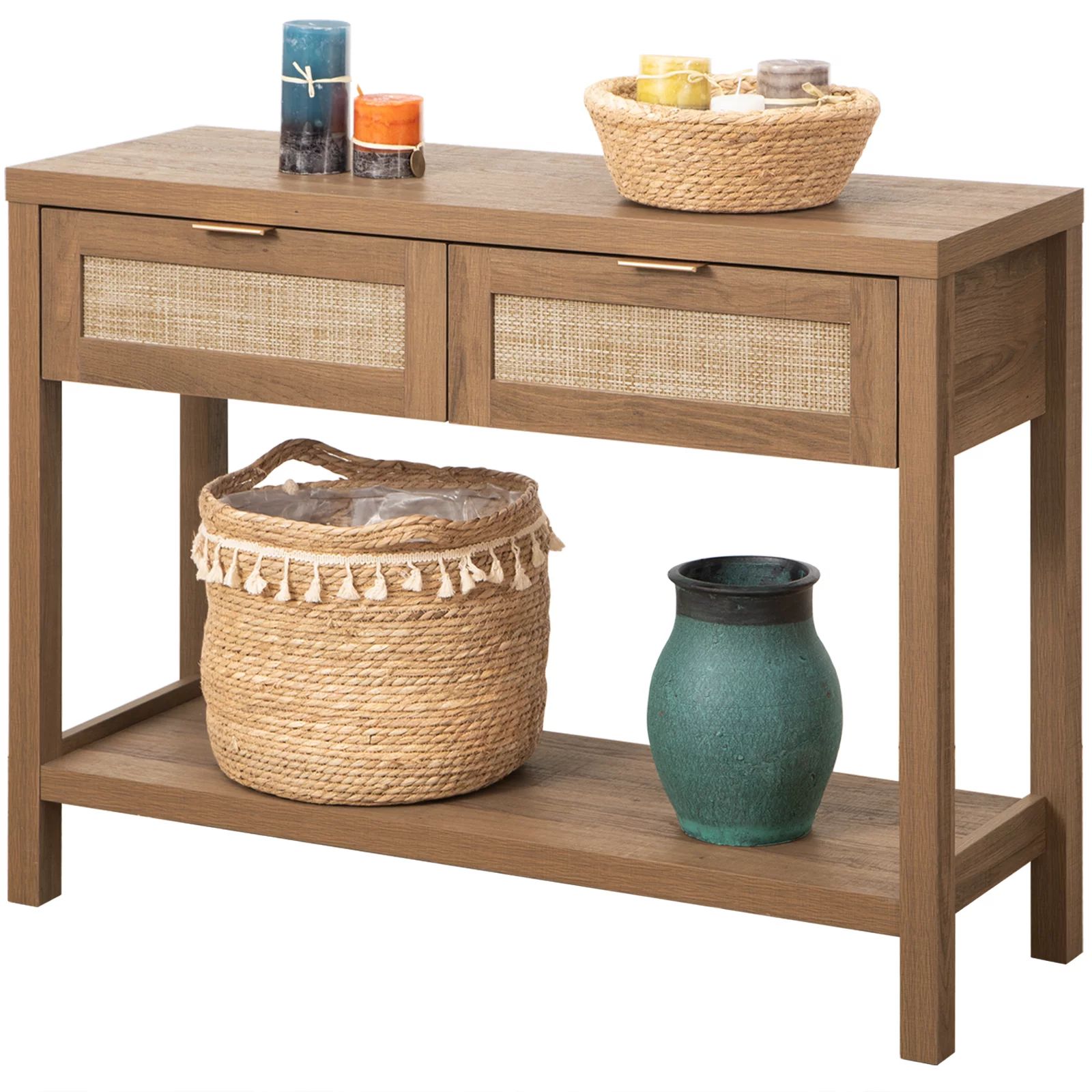 SICOTAS Rattan Console Table with Drawers, Wood Narrow Sofa Table Entryway Table for Hallway, Liv... | Walmart (US)