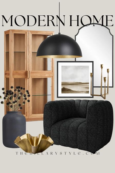 Modern Home: Neutral home decor and furniture finds for the modern organic home. Wood cabinet, black Boucle accent chair, black arched mirror, framed neutral art, black and gold dome pendant light, black ceramic vase, faux stem, gold bowl, gold candle holder.
Target, Crate & Barrel, Lumens, Wayfair, Joss & Main, Walmart, Magnolia Home.

#LTKstyletip #LTKSeasonal #LTKhome