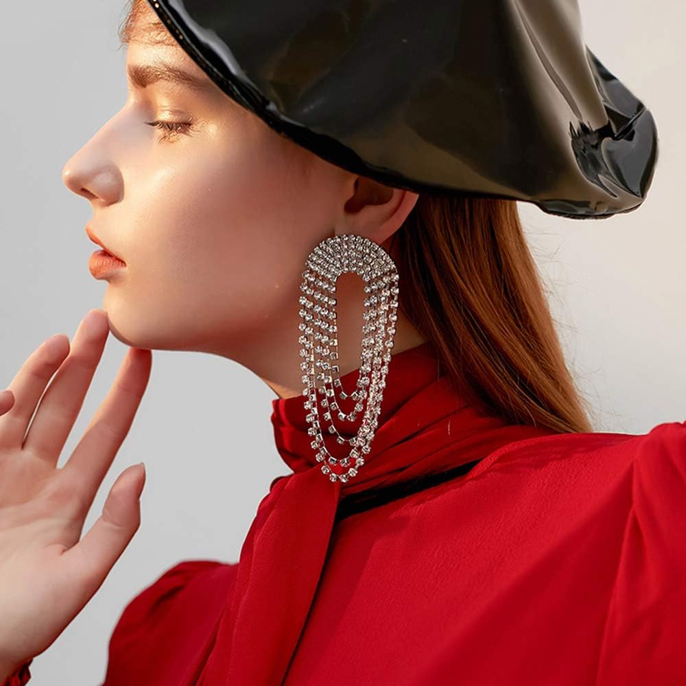 Xerling Clear Rhinestones Long Tassel Earrings Iced Out Layered Dangle Hoop Earrings Full Rhinest... | Amazon (US)