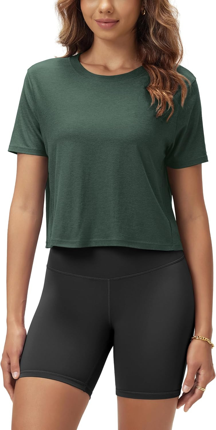 ODODOS Women's Performance Cropped Tee Ultra Soft odSTRATUM Tech Short Sleeve Relaxed Top Crew Neck T-Shirts | Amazon (US)