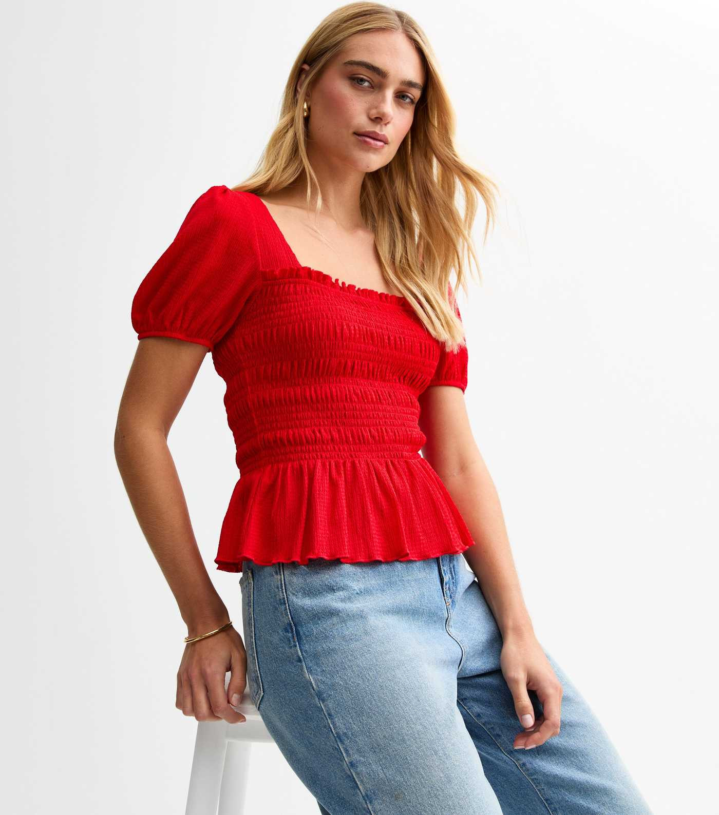 Red Jersey Square Neck Shirred Body Puff Sleeve Top | New Look | New Look (UK)