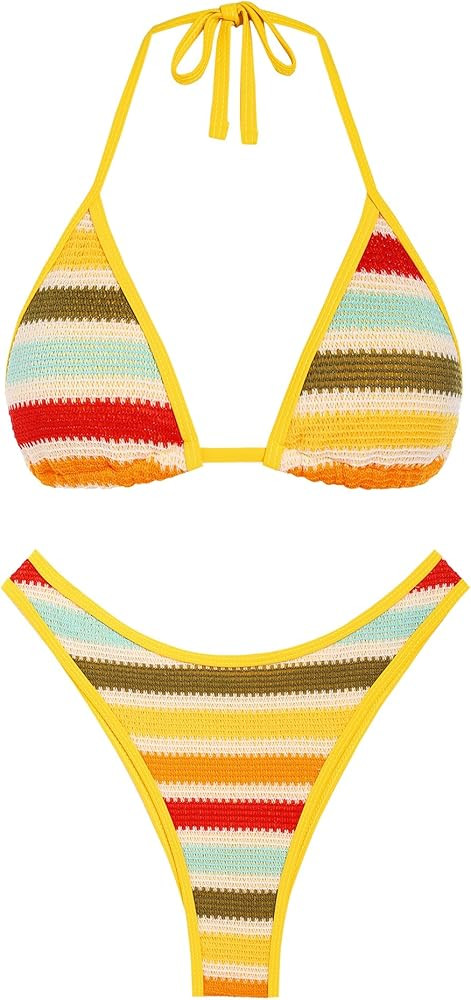 seamoly Women's Bikini Sets Halter Neck Crochet Colorblock Two Piece Swimsuits Open Back Sexy Hig... | Amazon (US)