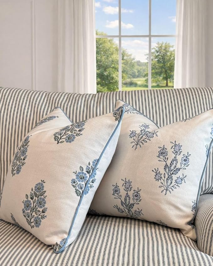 “The Mary” Blue and White Decorative Throw Pillow Cover – Floral Block Print Pillow Cover ... | Amazon (US)