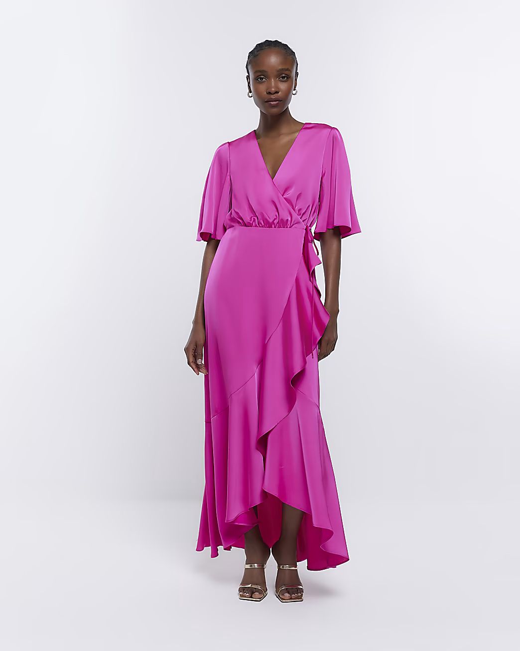 Pink Bridesmaid Waterfall Wrap Maxi Dress | River Island (UK & IE)