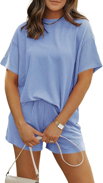 MARZXIN Women 2 Piece Short Set with Vertical Stripes Summer Cruise Outfits | 2026 Short Sleeve P... | Amazon (US)