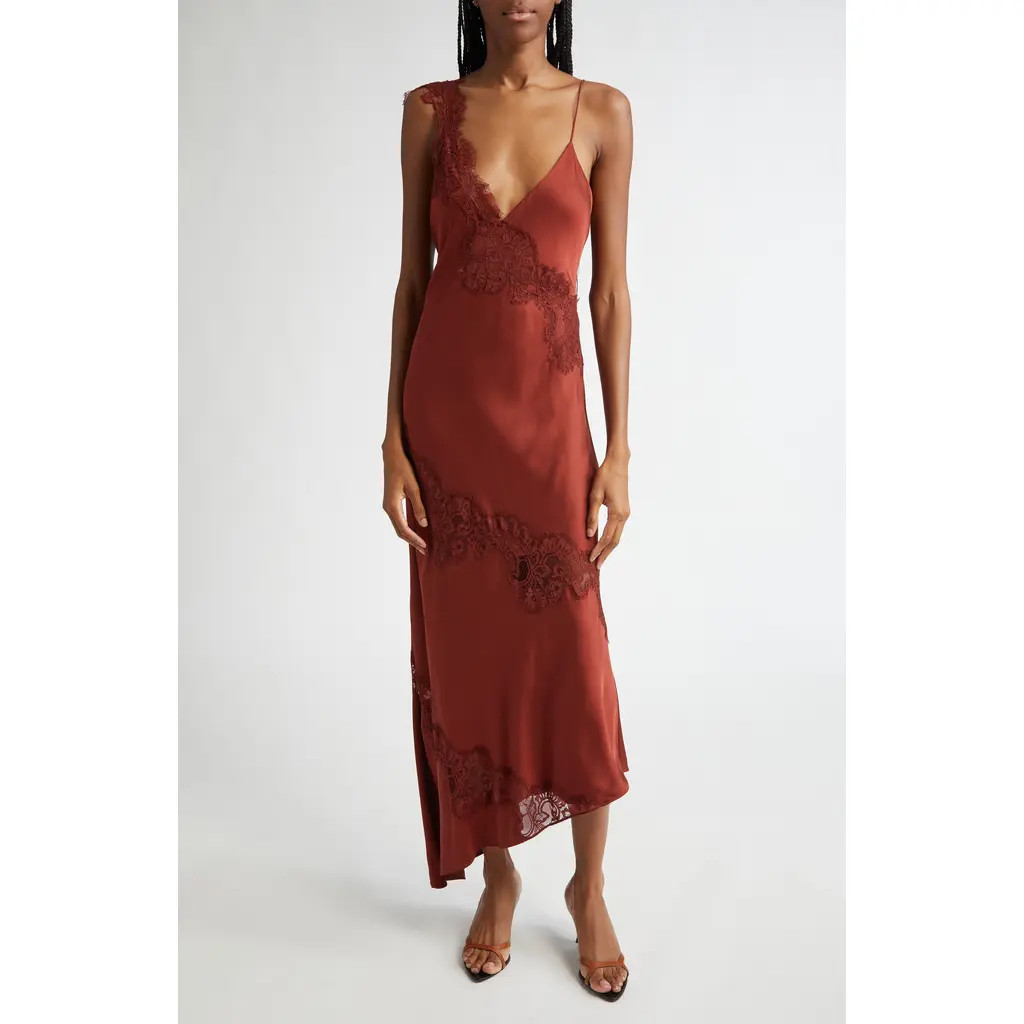 A.L.C. Stella Lace Asymmetric Satin Slipdress in Bosco at Nordstrom, Size 00 | Nordstrom