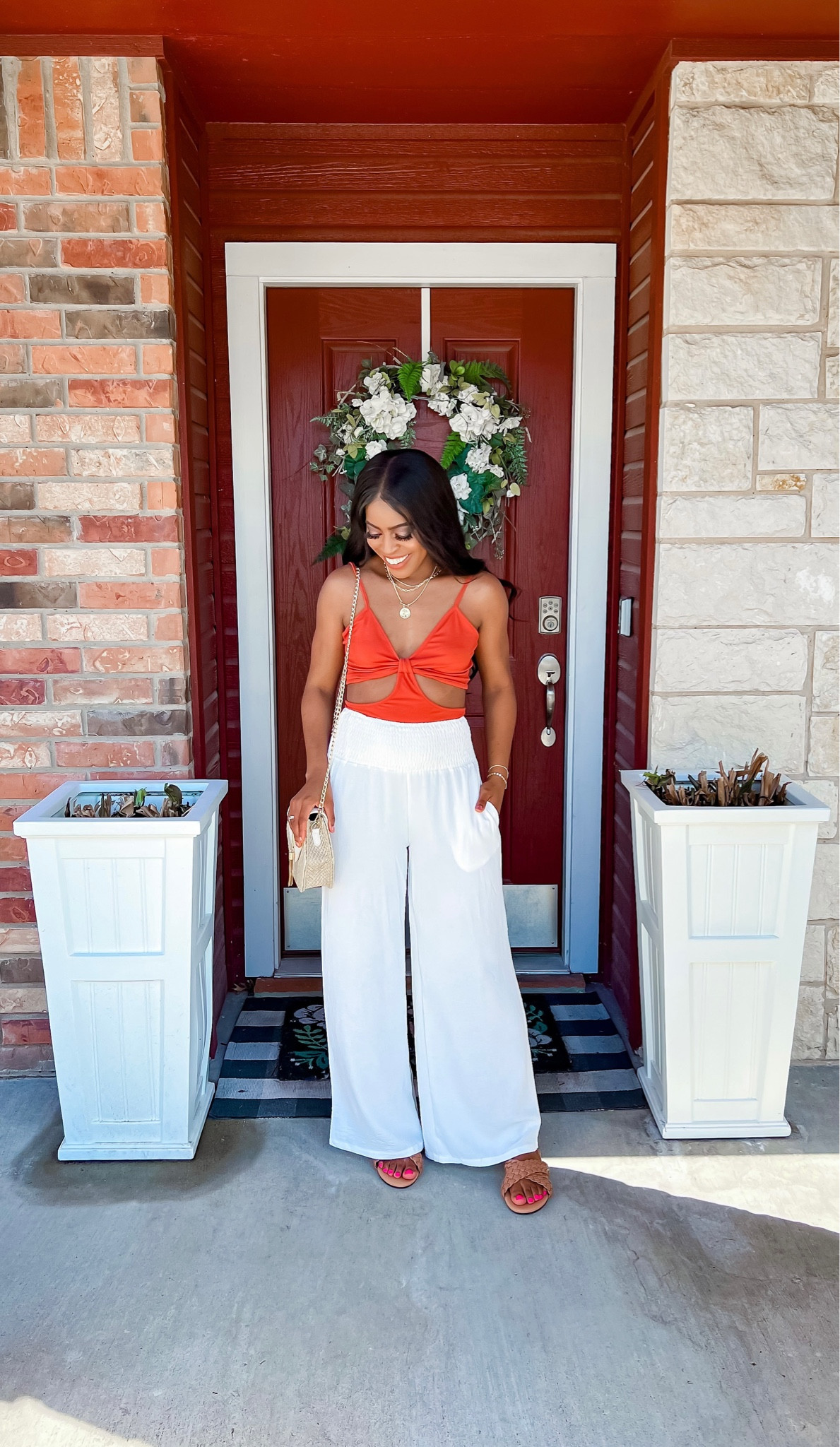 Top: Wearing a small, adjustable straps, wearing nipple covers and has some stretch. The color is more of a brown orange. •Pants: I am 5’4” wearing a small, palooza style and I would stick to nude underwear. •Sandals: I went with my normal size. 

#LTKFestival #LTKshoecrush #LTKstyletip