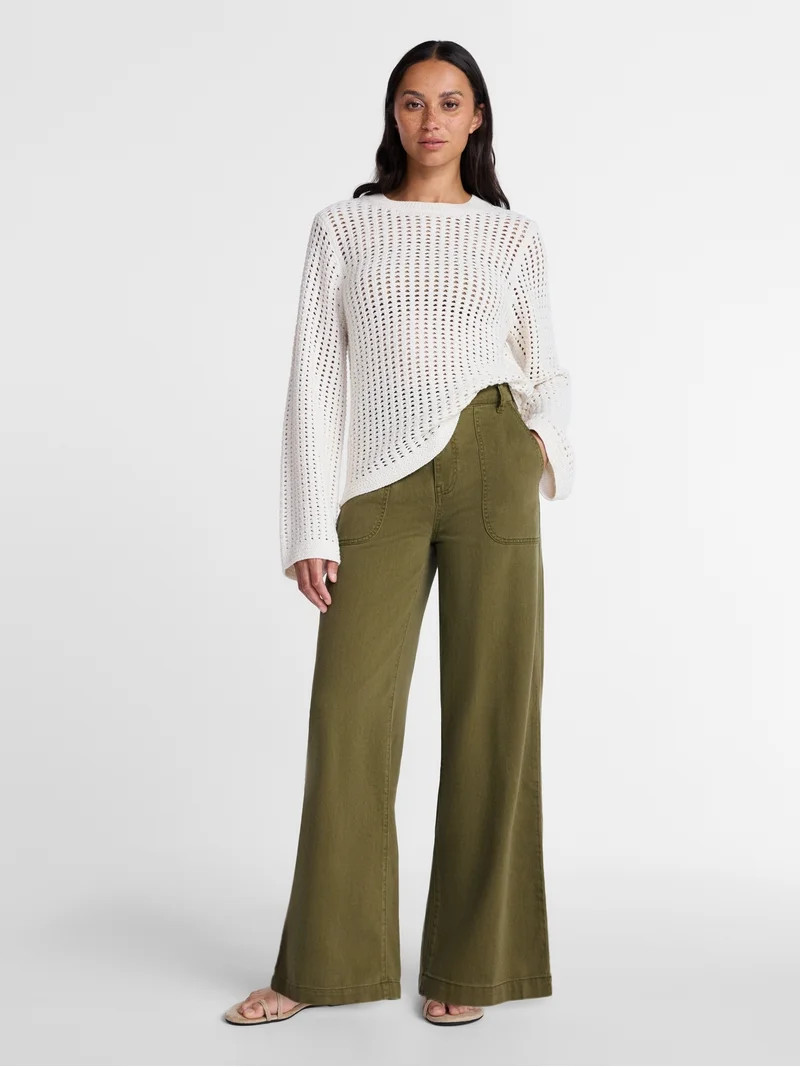 Time and Tru Women’s Textured Cotton Sweater with Long Sleeves, Lightweight, Sizes XS-XXXL - Wa... | Walmart (US)