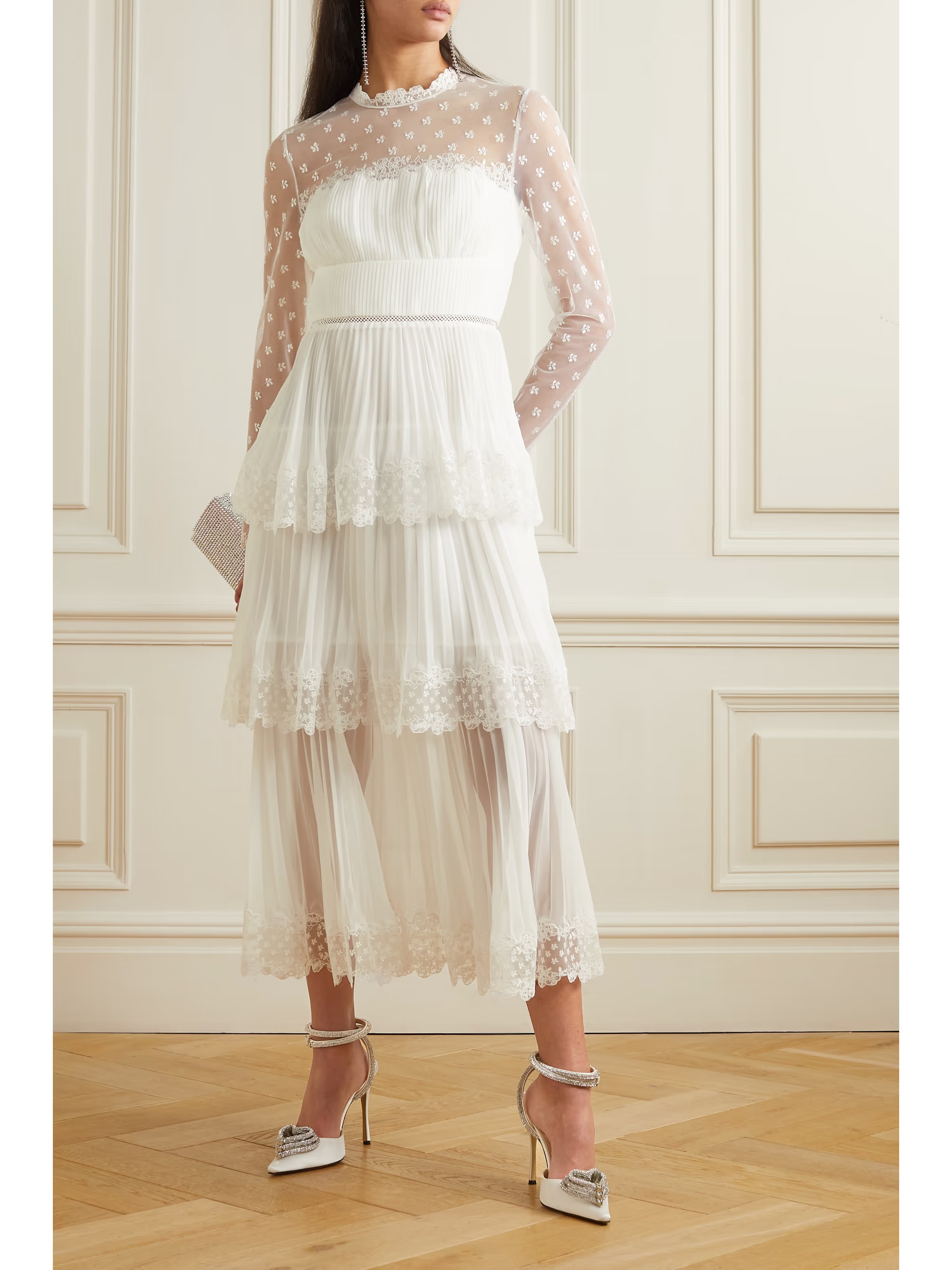 Tiered lace-trimmed embroidered tulle and pleated chiffon midi dress | NET-A-PORTER (US)