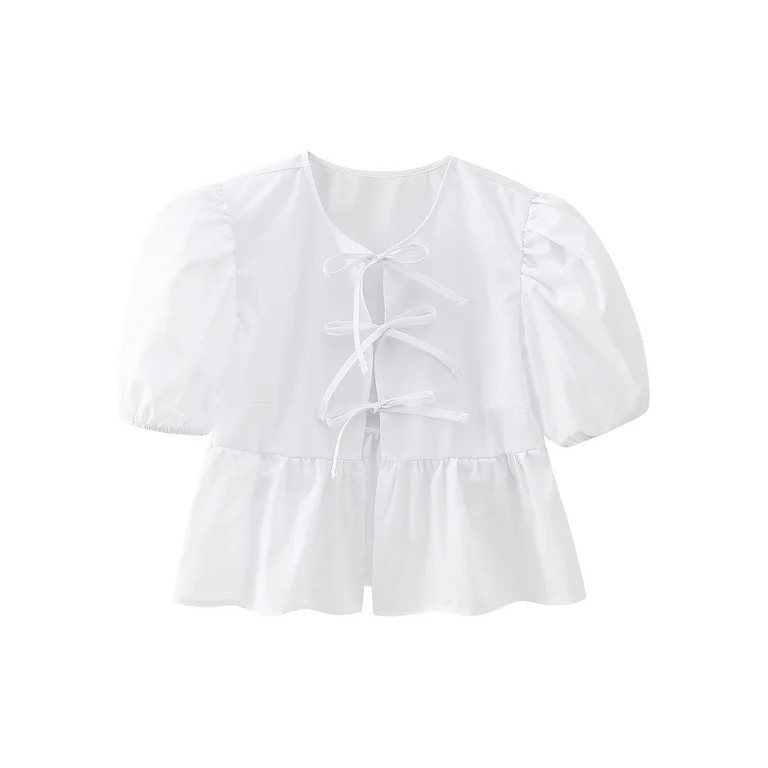 Bangyeer Women Tie Front Tops Puff Short Sleeve Peplum Shirts Going Out Lace up Crop Top Blouse | Walmart (US)