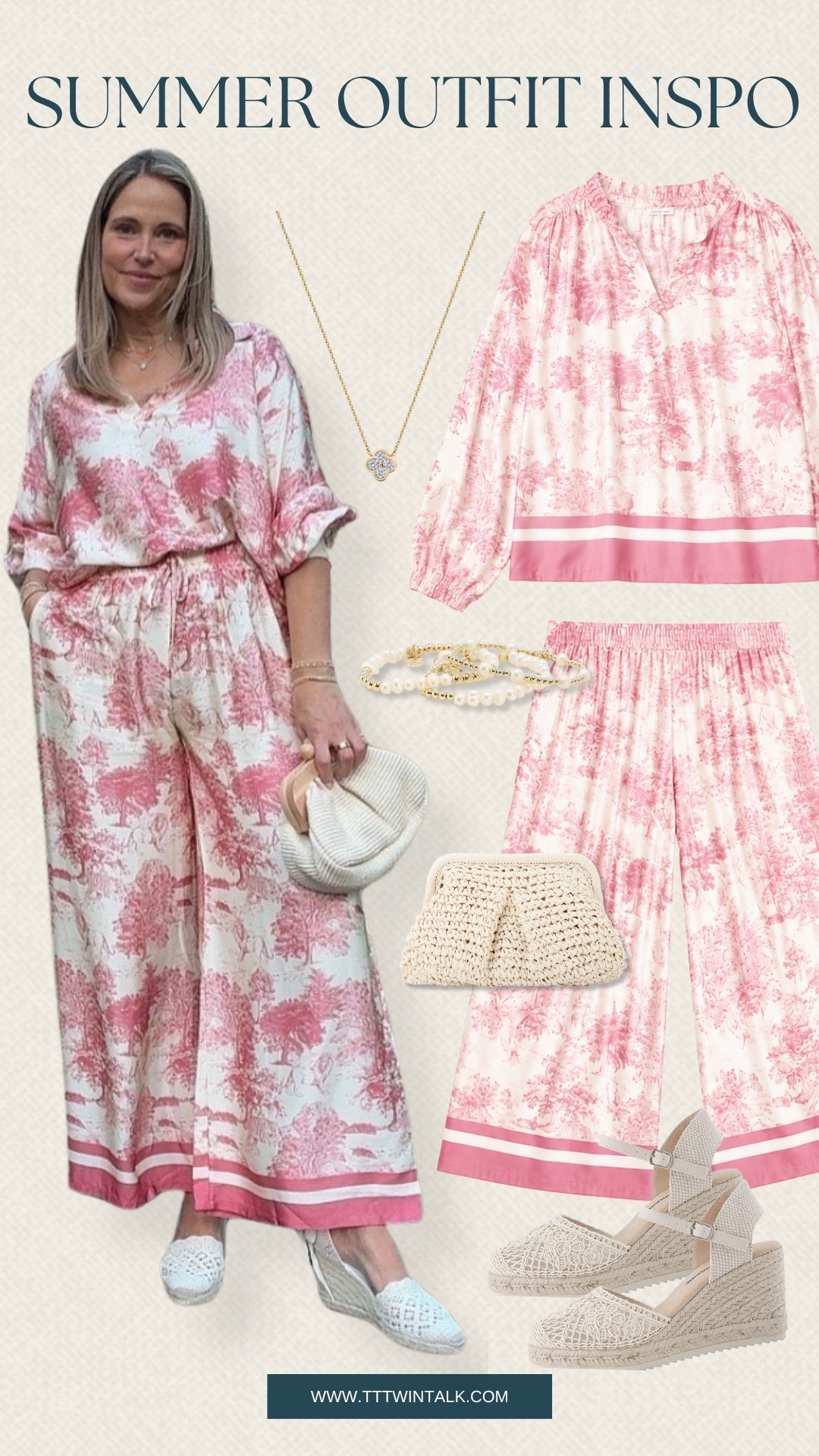 This pink printed set is such a pretty summer outfit idea. We love the flowy fit, soft pattern, and how well it pairs with a woven clutch, pearl jewelry, and espadrille wedges.

#LTKootd #LTKgrwm #LTKdayinmylife