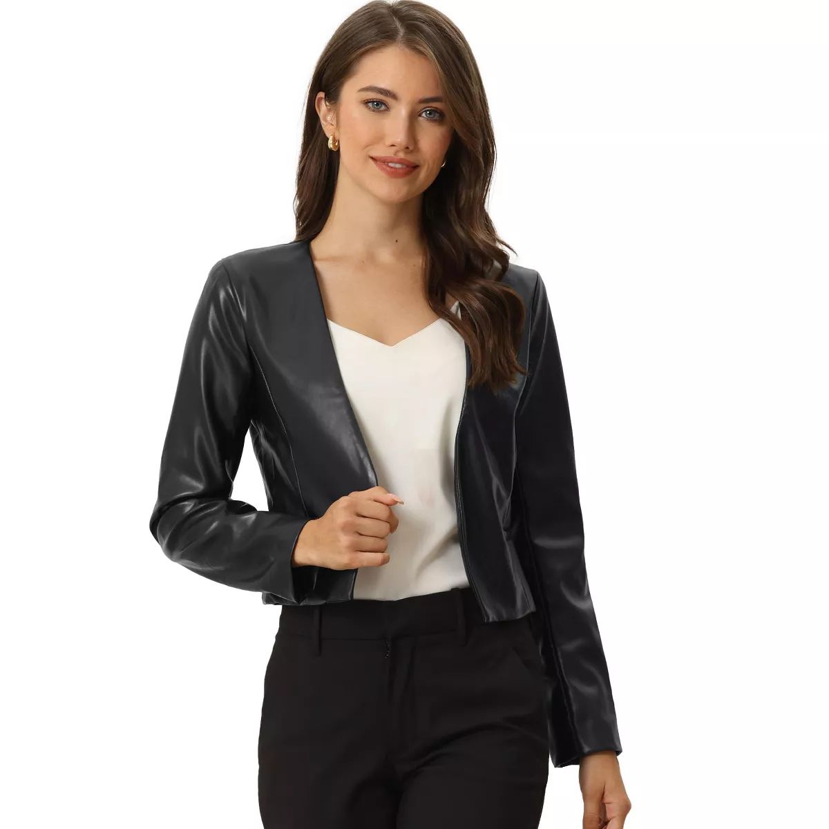 Allegra K Women's Collarless Open Front Faux Leather Crop Moto Jackets | Target
