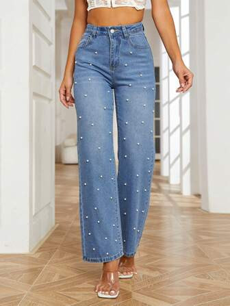 Pearls Beaded Wide Leg Jeans | SHEIN