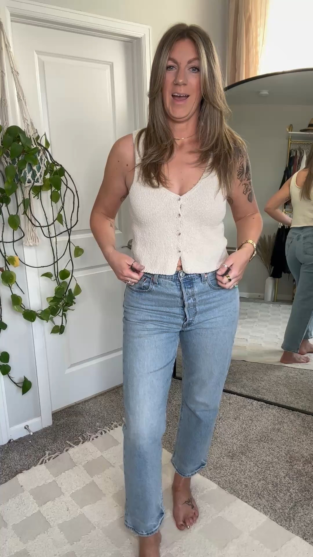 Wearing a medium reg, also comes in tall. Jeans are 30x29, come in 3 lengths 

#LTKMidsize #LTKSaleAlert #LTKOver40