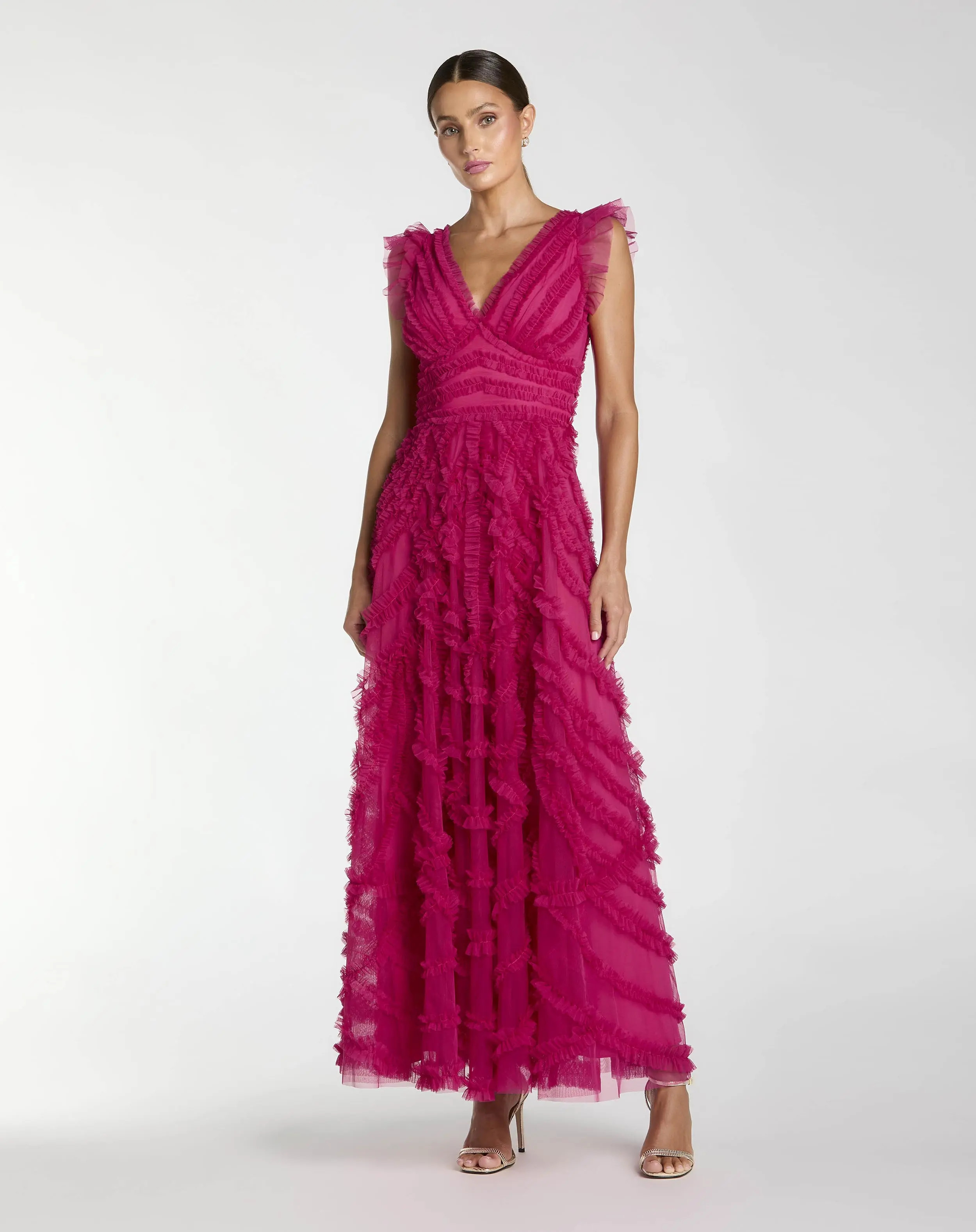 Pink V-Neck Cap Sleeve Ruffle Maxi Dress | Mac Duggal | Mac Duggal