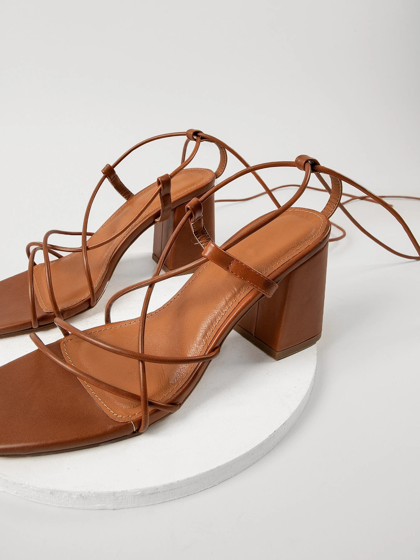 Vegan Leather Square Toe Self-Tie Heels | SHEIN