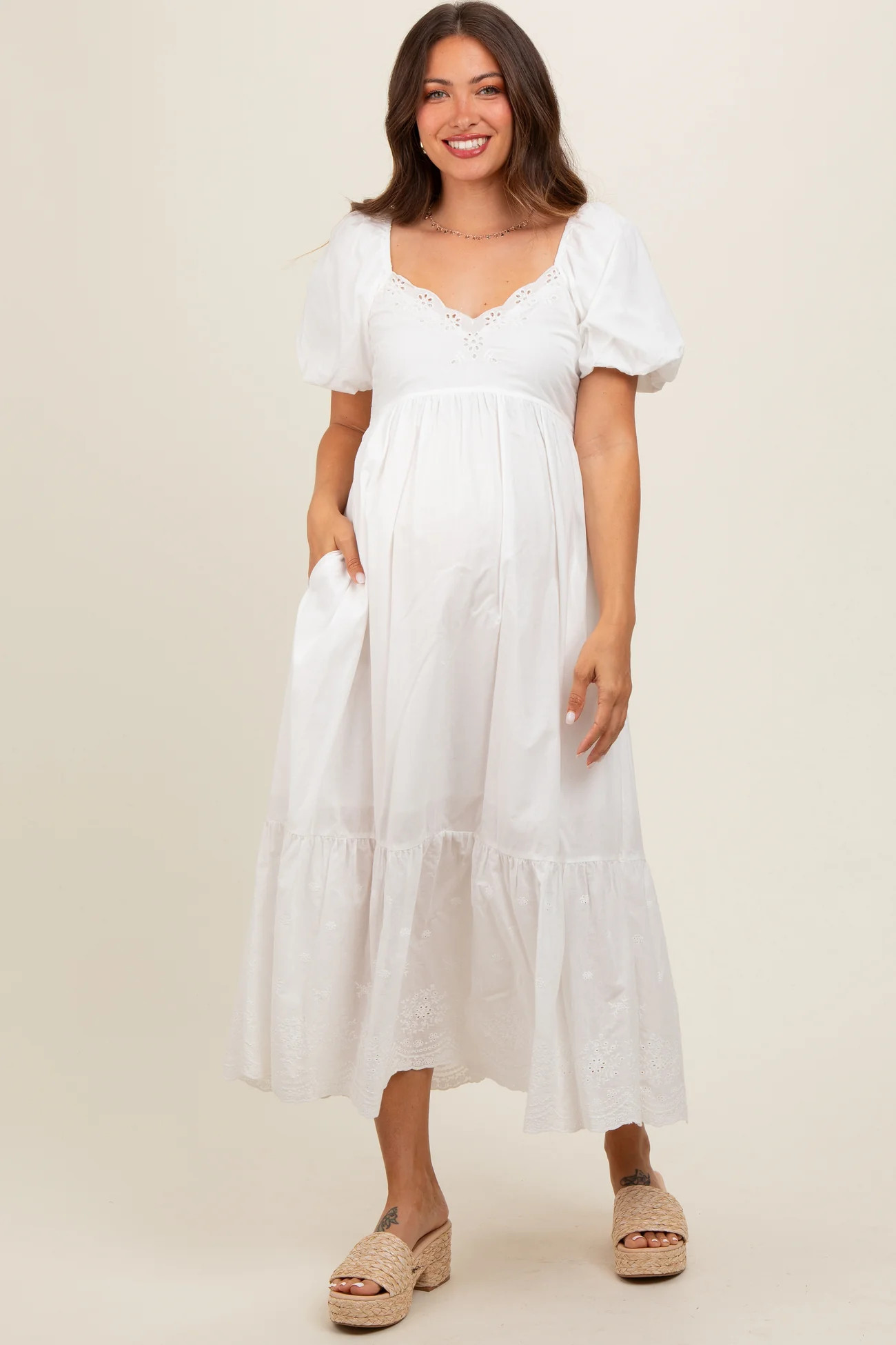 Coral Eyelet Scalloped V-Neck Short Puff Sleeve Maternity Midi Dress | PinkBlush Maternity