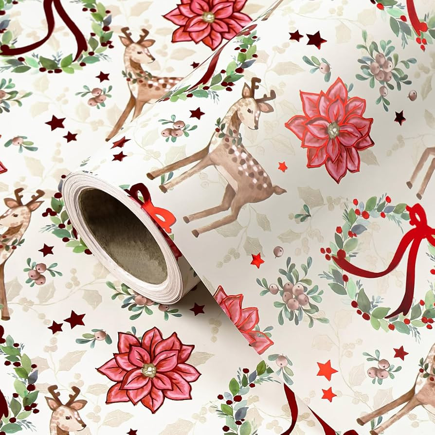 WRAPAHOLIC Christmas Wrapping Paper - Mini Roll - 17 Inch x 16.5 Feet - Red Foil Christmas Reinde... | Amazon (US)