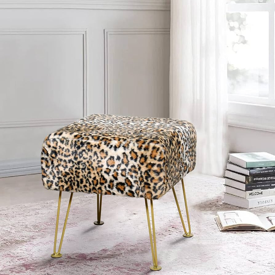 Leopard Print Square Ottoman 17"x17"x17" Faux Fur Entryway Bench Footrest Stool Accent Seating Ch... | Amazon (US)