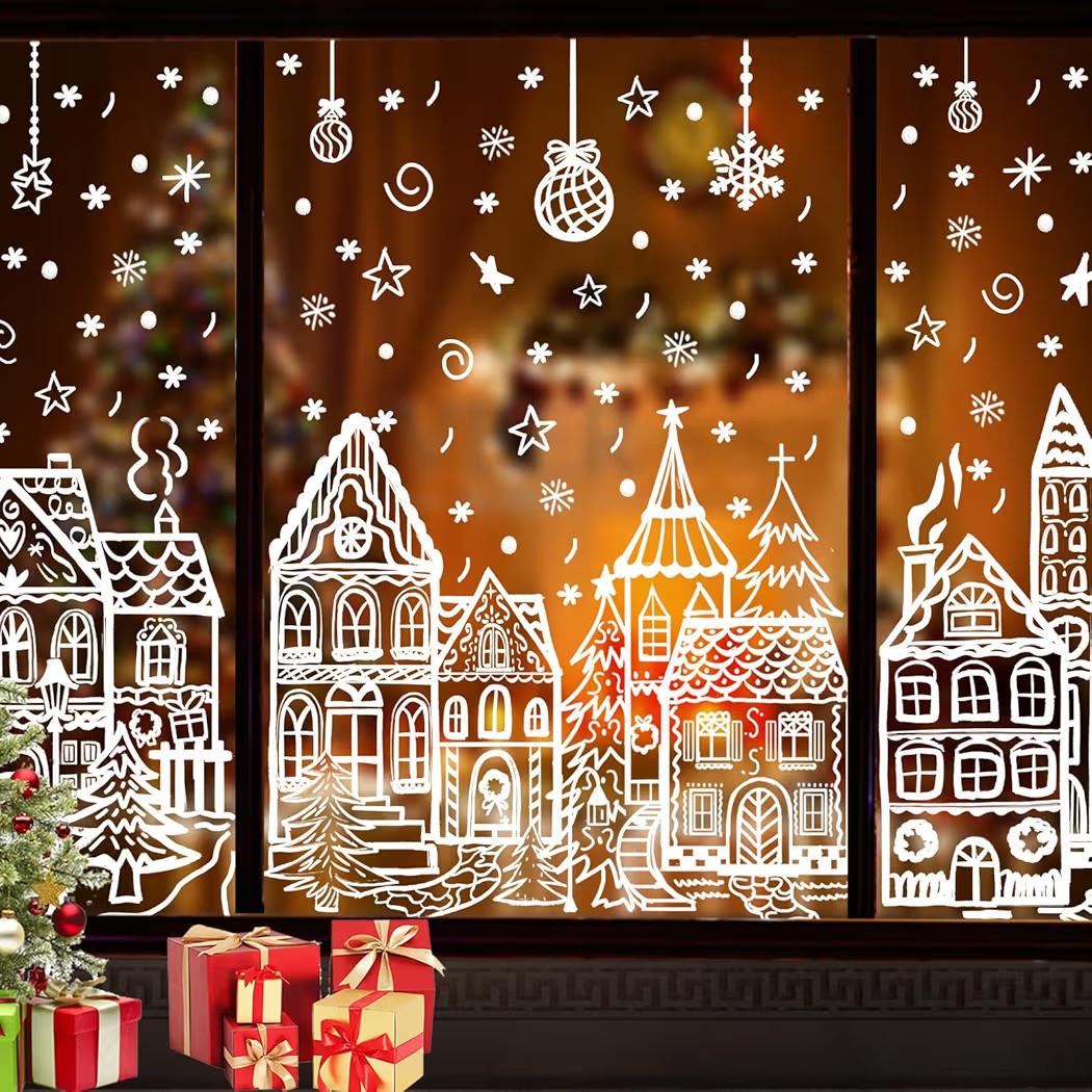 DIYDEC 15.7 * 27.5'' Large Christmas Window Stickers 4 Sheets White House Xmas Window Clings for Glass Decoration Snowman Snowflake Double-Sided Window Decals for Christmas Holiday Party Ornament | Amazon (US)