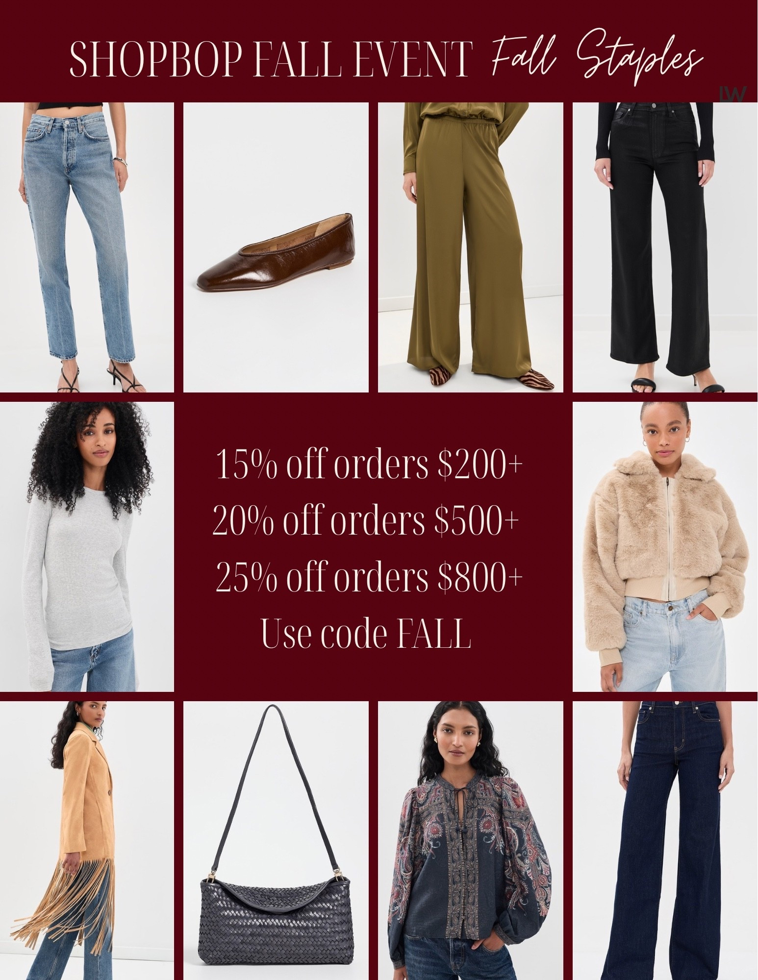 Shopbop Fall Event is Here!
15% off orders $200+  
20% off orders $500+   
25% off orders $800+  
Use code FALL
