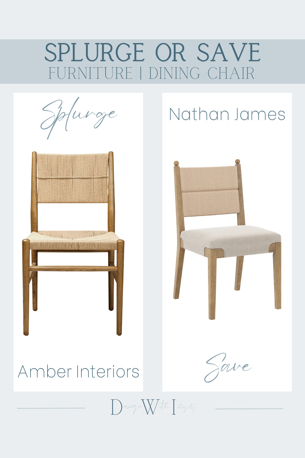 Splurge vs. Save: Two woven dining chairs with similar silhouettes, warm wood tones, and textured backs. Compare the Amber Interiors look with this affordable Nathan James alternative. Tap to view both options.


dining chair, woven dining chair, Amber Interiors dupe, Nathan James chair, wood dining furniture, neutral decor, splurge vs save, look for less dining room, modern dining furniture, home decor finds 

 #LTKHome