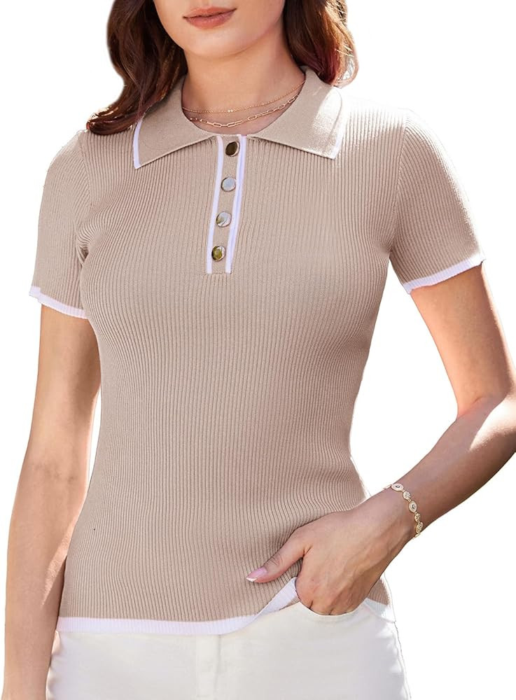 GRACE KARIN Women's Short Sleeve Sweaters Tops Polo V Neck Ribbed Knit Pullover Business Shirts 2... | Amazon (US)