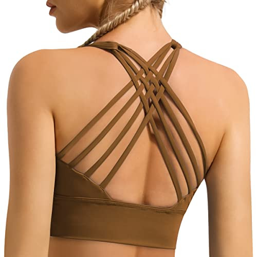 GYM RAINBOW Women's Strappy Longline Sports Bra Crisscross Back Medium Support Padded Workout Tank Yoga Crop Top(#1 Coffee,Small) | Amazon (US)
