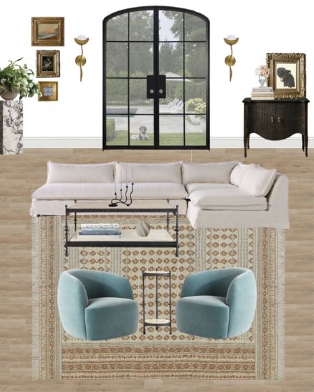 Living room with a pop of blue 

Blue accent chair, sectional sofa, white sofa, neutral rug, sideboard, candelabra, coffee table books, sconces, vintage artwork, vintage painting, oil painting, digital art print, coffee table, pedestal, gold frames, ornate frames 

#LTKstyletip #LTKSeasonal #LTKhome