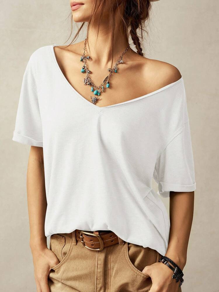 Bohemela Women's Casual Solid Color V-Neck Short Sleeve Loose T-Shirt | SHEIN
