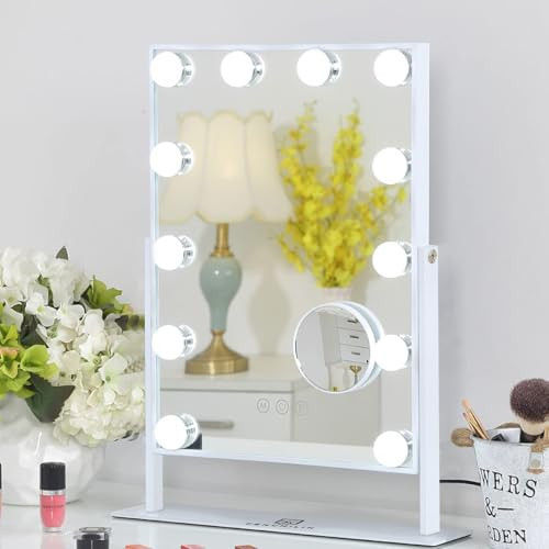 FENCHILIN Vanity Mirror with Lights, 19''x12'' Makeup Hollywood Mirror for Desk with 12 Bulbs Light Smart Touch Control 3 Colors Dimmable Detachable 10X Magnification Tabletop 360°Rotation | Amazon (US)